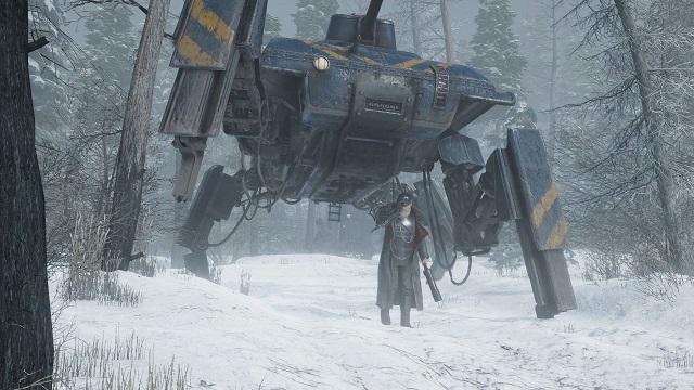 A commander with a white beard standing in front of a four-legged black and yellow tank mech in a snowy forest.