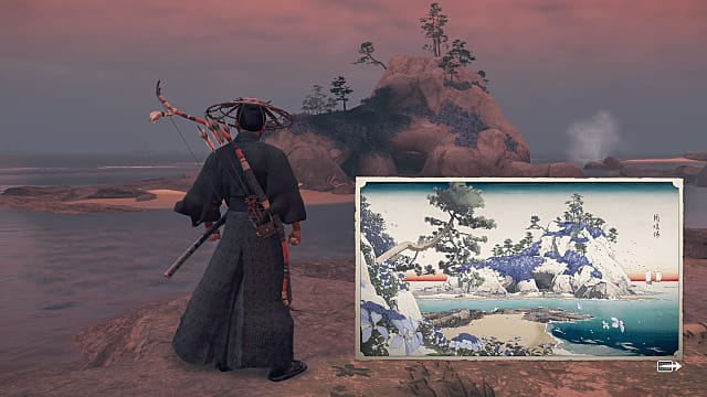 Jin standing on a rock looking at an island with a Japanese art piece of the island superimposed.