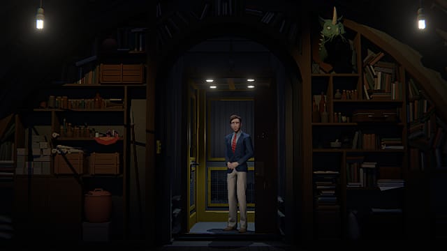 John in khaki pants, blue blazer, and red tie standing in a lit elevator outside a dim room.