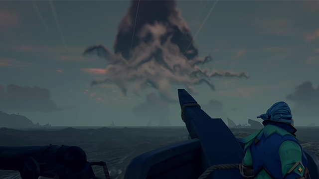 A first-person view, looking over the bow of a pirate ship at a cloud shaped like Davey Jones' head with tentacles.