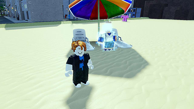 The brightly-colored Killua beach stand in Roblox.