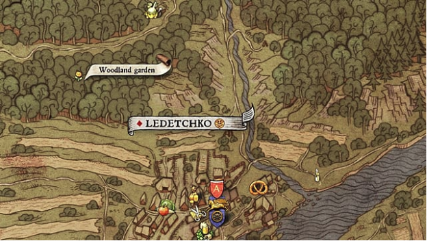 Map VII showing woods, river, hills, Ledetchko with blacksmith, market, and other vendor symbols near woodland garden