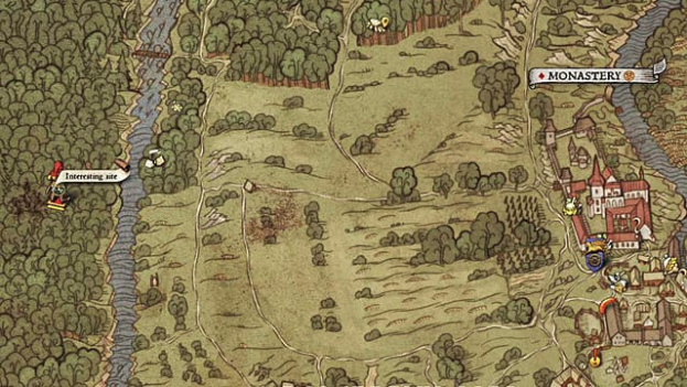 Hand drawn medieval map showing field, town, river, and forest location for map III