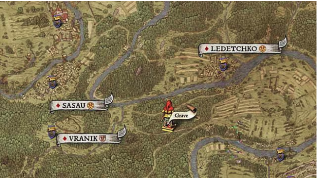 Map X shows a treasure location at a grave in the forest east of Sasau and Vranik