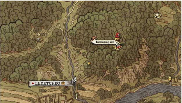 Hand drawn medieval map zoomed in showing character in forest at interesting site for map VI