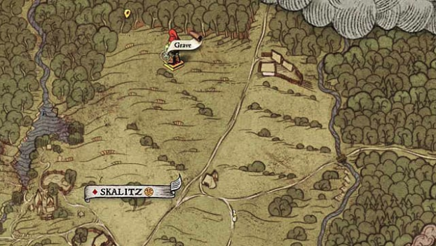 Treasure map XXIV shows a grave in the middle of a field north of Skalitz, west of a small farm