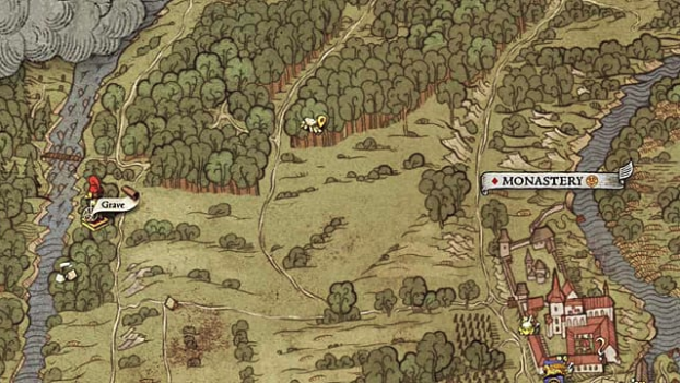 Hand drawn medieval map showing field, forest, town, and river location for map II