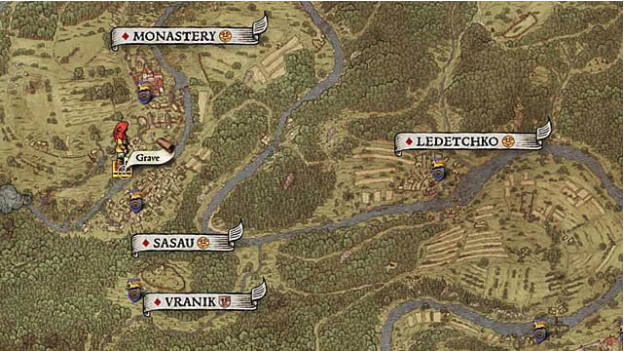 Map XIX Shows the red-hooded player avatar near a grave south of the monastery and west of a small tributary