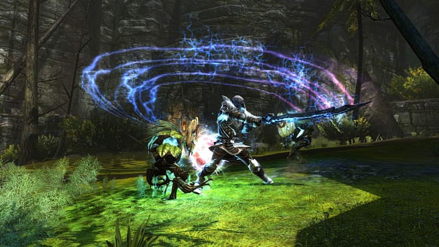 Knight swinging sword in a forest while attacking a creature. 