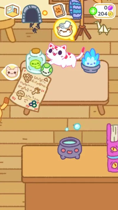 A gleeful pink and white cat stands on a table in Kleptocats 2