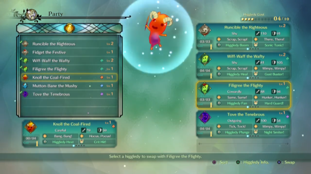 a red-horned Higgledy being chosen from the Party screen in Ni No Kuni II Revenant Kingdom