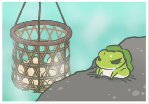 Frog sitting next to basket coming out of water