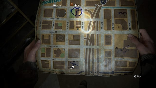 Map of downtown Seattle showing the location of the pump shotgun in The Last of Us 2. 