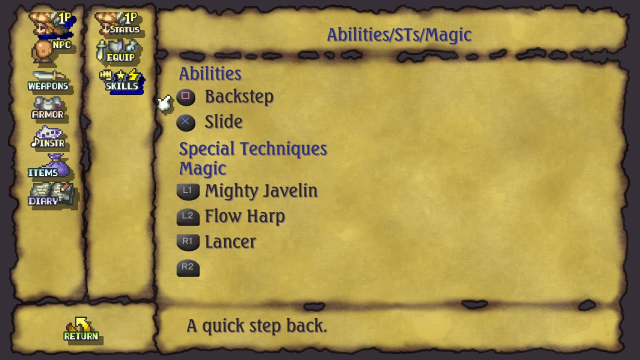 Legend of Mana abilities menu showing  backstep, slide, special techniques, and magic.