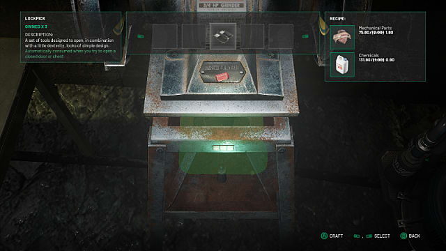 Using the industrial grinder to make a lockpick, with its recipe shown to the right.