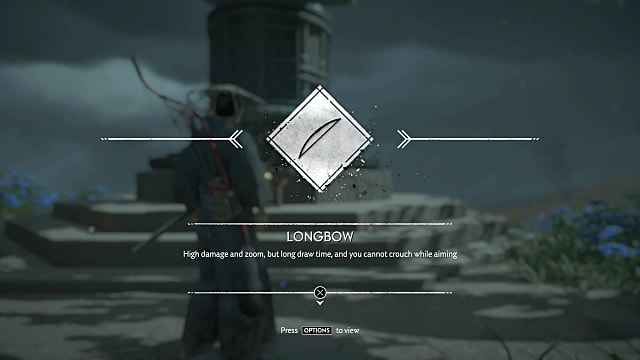 The longbow symbol alongside description text for the bow: high damage and zoom, but long draw time.