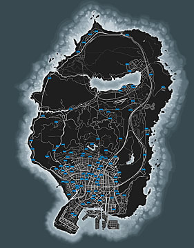 Grand Theft Auto Online Los Santos map with autoshop location markers.