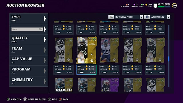 Madden 21's auction browser showing rows and lists of various player cards and their coin costs. 