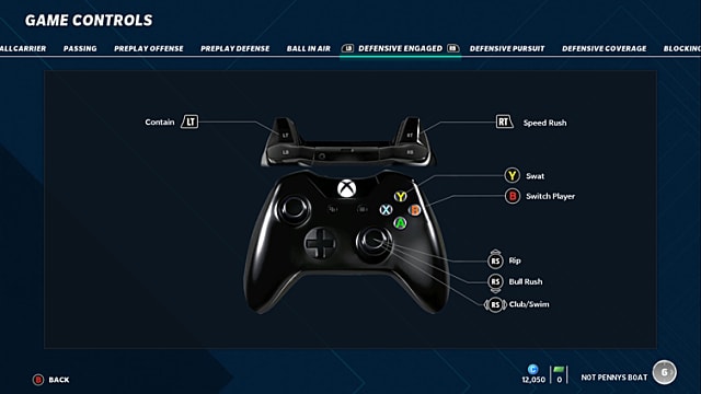 Madden 21 controls menu showing an Xbox One controller and the game's pass rush moves.