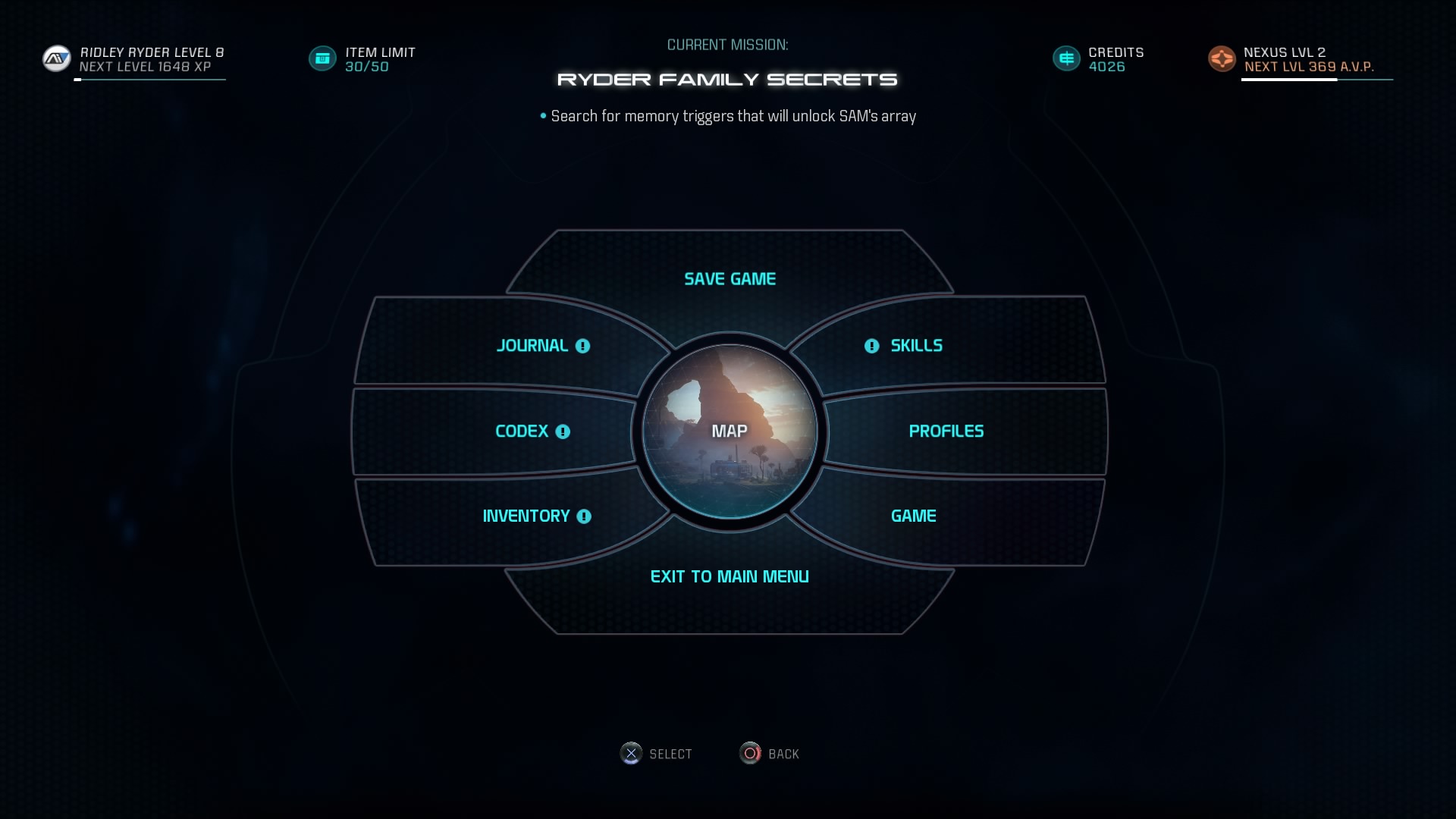 Mass Effect Andromeda, UI, pause menu
