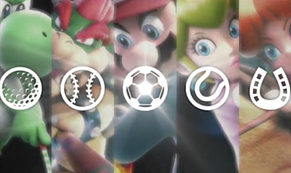 Mario Sports Superstars composite with Yoshi, Bowser, Mario, Peach, and Daisy.