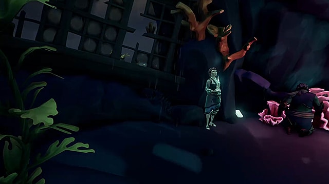 A ghostly female pirate stands in front of pirate ship wreckage with a journal to her left.