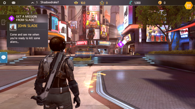 a pop-up indicating that a new mission is available appears in the top-left corner of the screen in Shadowgun Legends