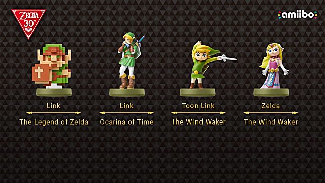 Pixelated Link, Regular Link, Toon Link, and Regular Zelda Amiibo.