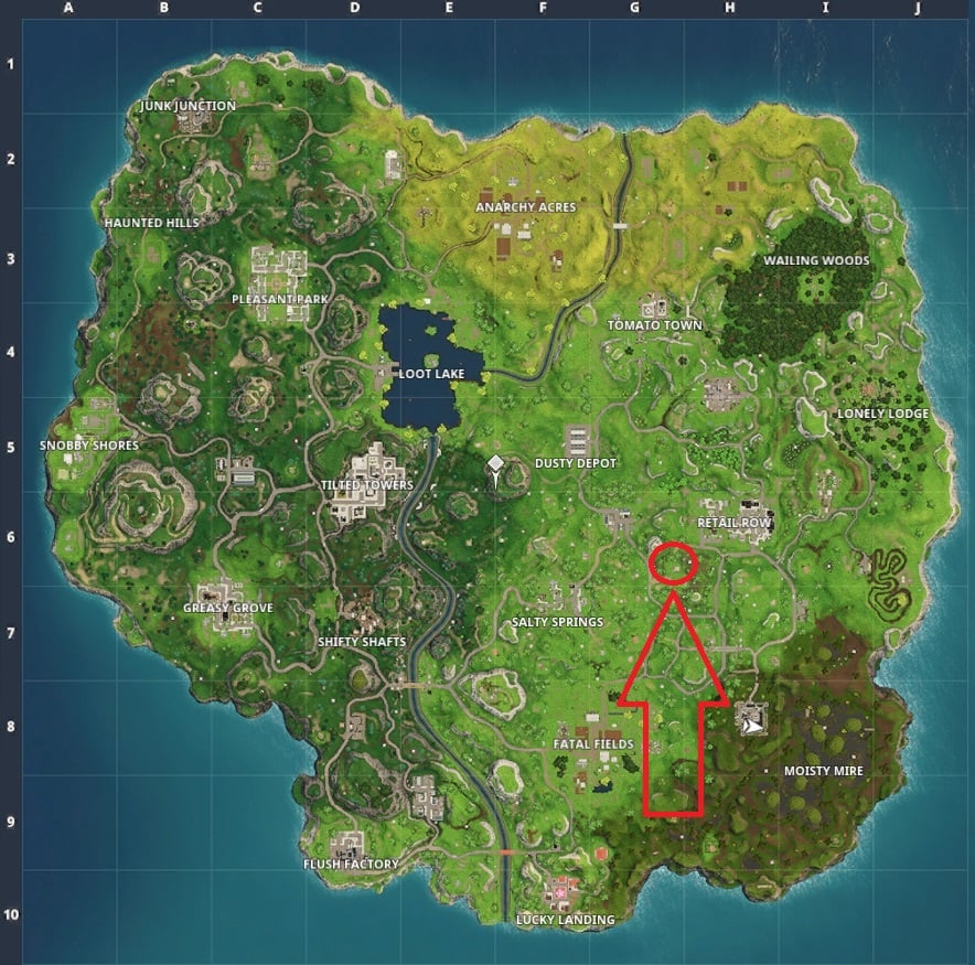 Map with an arrow and a circle indicating where to find the Moisty Mire treasure