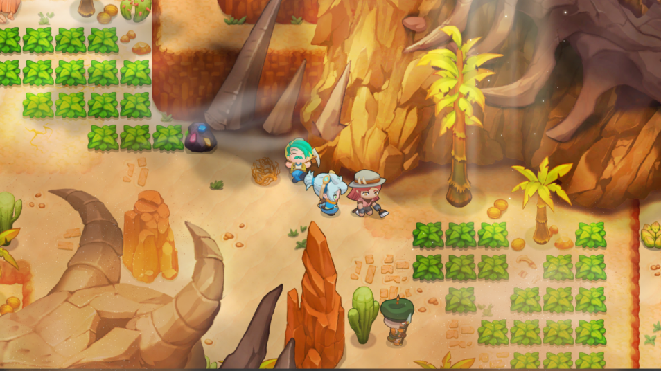 2d, from aboce view of desert area with plants, palms, and huge horned skull.