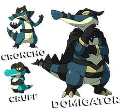 Domigator evolutions, from small alligator to large alligator.