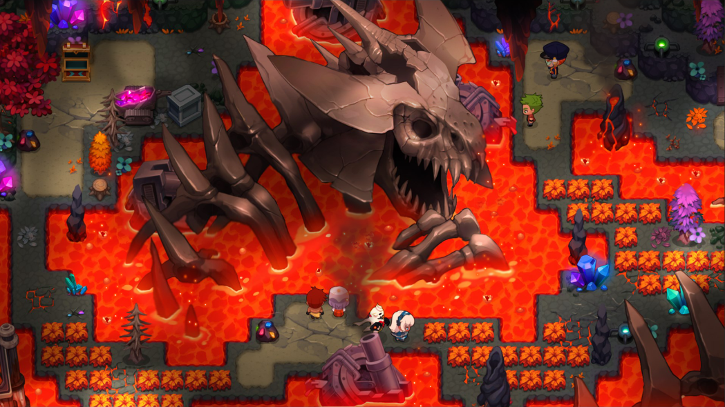 2D, above view of lava area with giant beast skeleton in the middle.