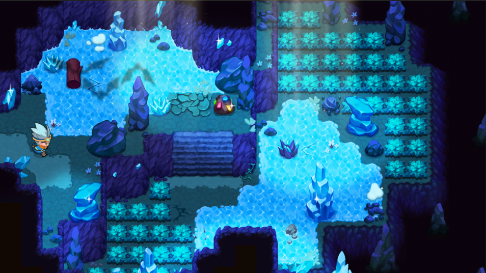 2D, view from above of Frozen tundra region covered in ice.