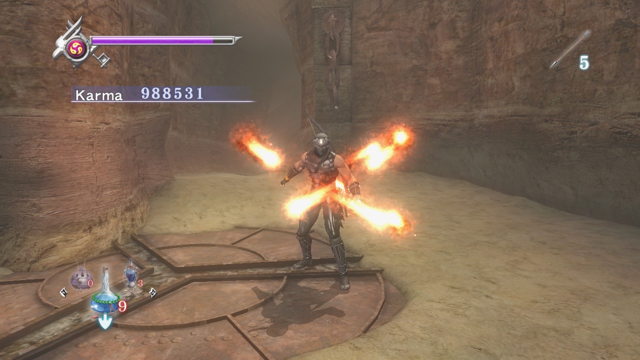 Ryo using a fire ninpo scroll with four flame columns shooting out from his body.