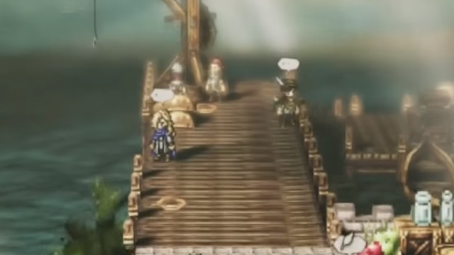 A well-armored character stands on a dock in Octopath Traveler