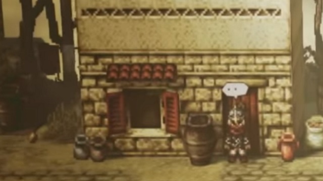 A guard with a bubble above his head stands outside a house in Octopath Traveler