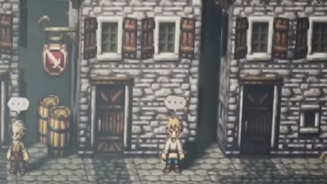 A blond boy wearing a tan tunic stands outside of a shop that has a sword sign above its door