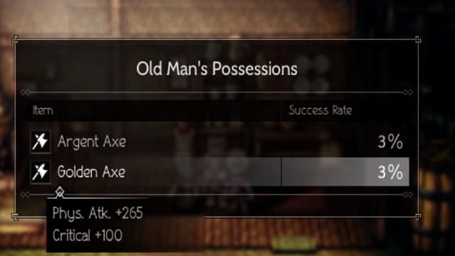 An Octopath Traveler Menu Shows the Old Man's Possessions and the Chance of Stealing the Game's Golden Axe