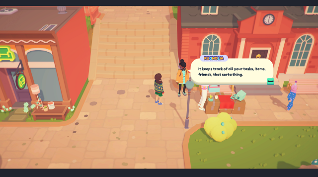 Standing on a brick pathway speaking to Rugnolia by the Town Hall in Ooblets.