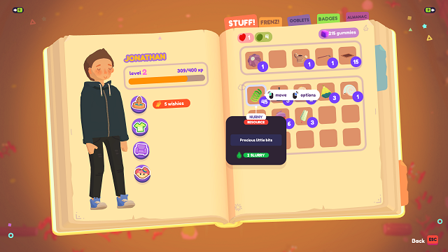 The Ooblets Grumboire (inventory book) showing 45 nurnies (metal coils) in an inventory.