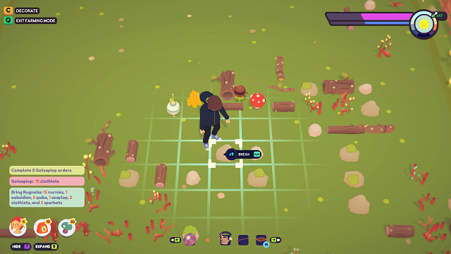 Breaking a rock on an Ooblets farm, looking for nurnies.