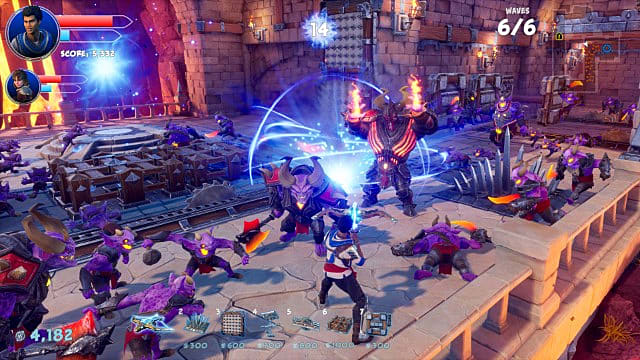 A blue spell is used to attack hordes of purple orcs. 