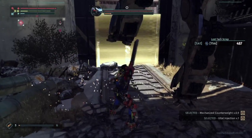 The player avoids the first boss' stomping legs in The Surge