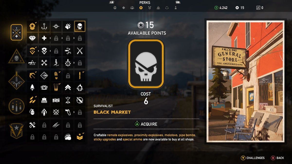Far Cry 5 perk selection screen for the black market skill
