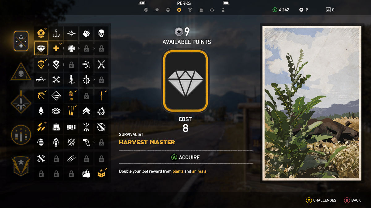 Screen showing how to choose Harvest Master skill in Far Cry 5
