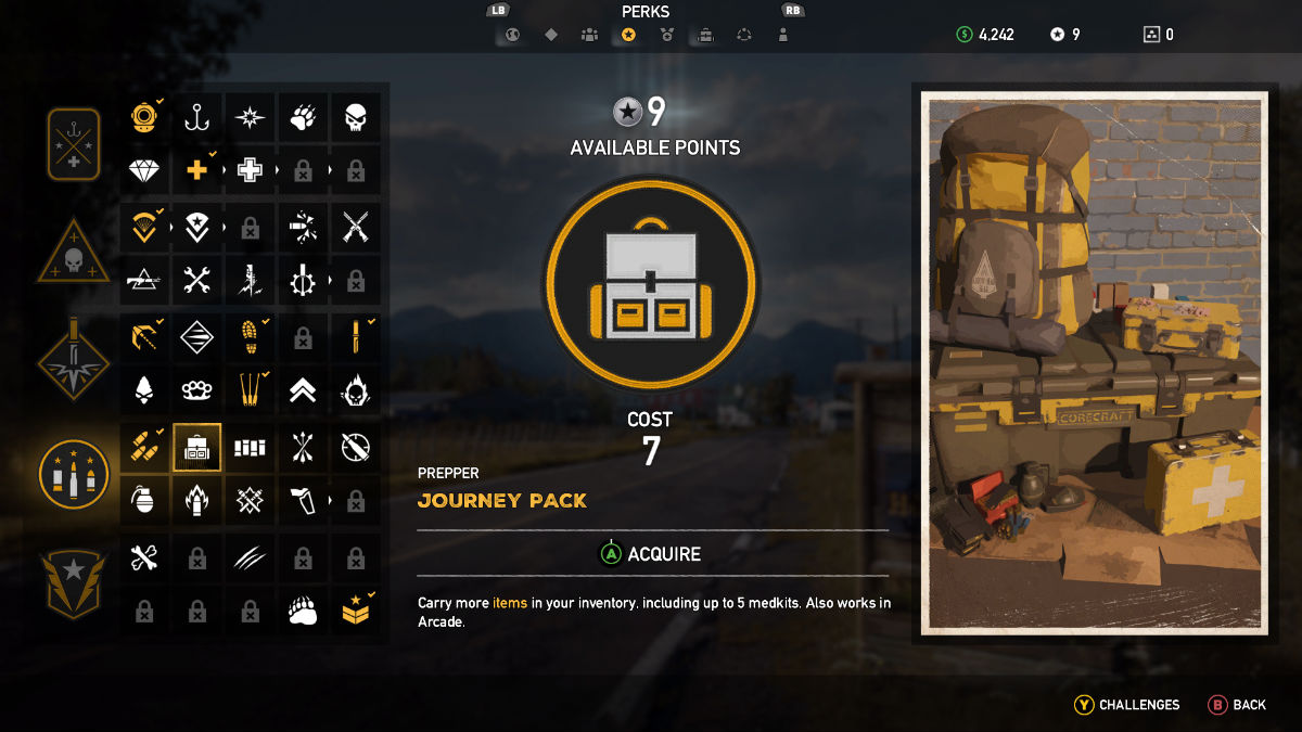 Screen displaying the Journey Pack Perk in Far Cry 5