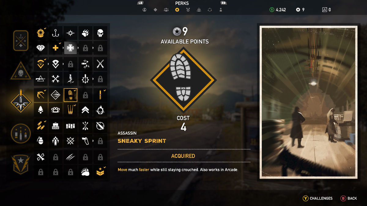 Perk selection screen for sneaky sprint in Far Cry 5