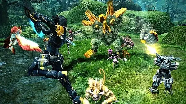 Characters in Phantasy Star Online 2 attacking enemies in a green field. 
