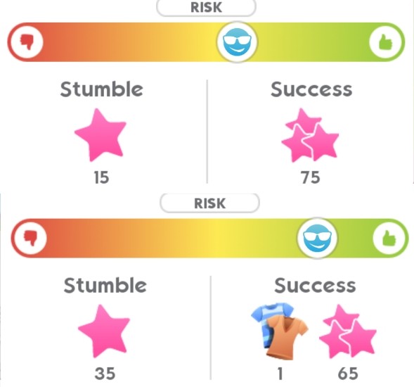 Risk and reward meters in The Sims Mobile