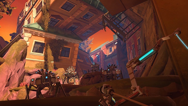 Player pulls back shock arrow as they face robots on a cliff in Apex Construct